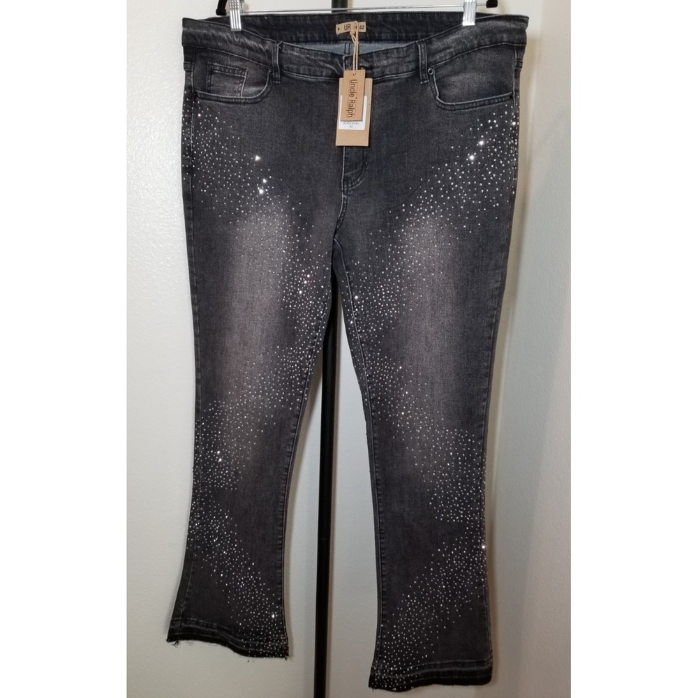 Uncle Ralph Mens Sz 42 Black Studded Jeans Raw Hem Retro Street Grunge Biker NWT